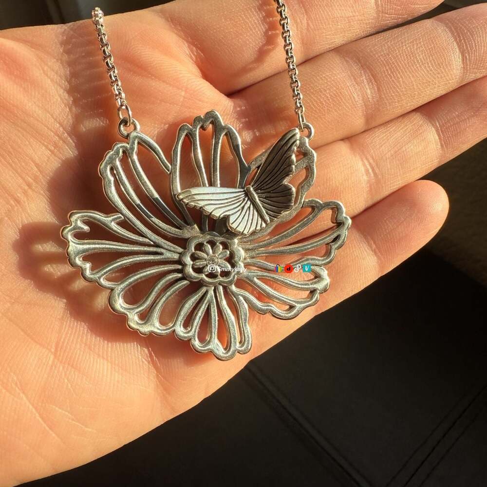 Enchanted Flower Garden Silver Butterfly Pendant Necklace